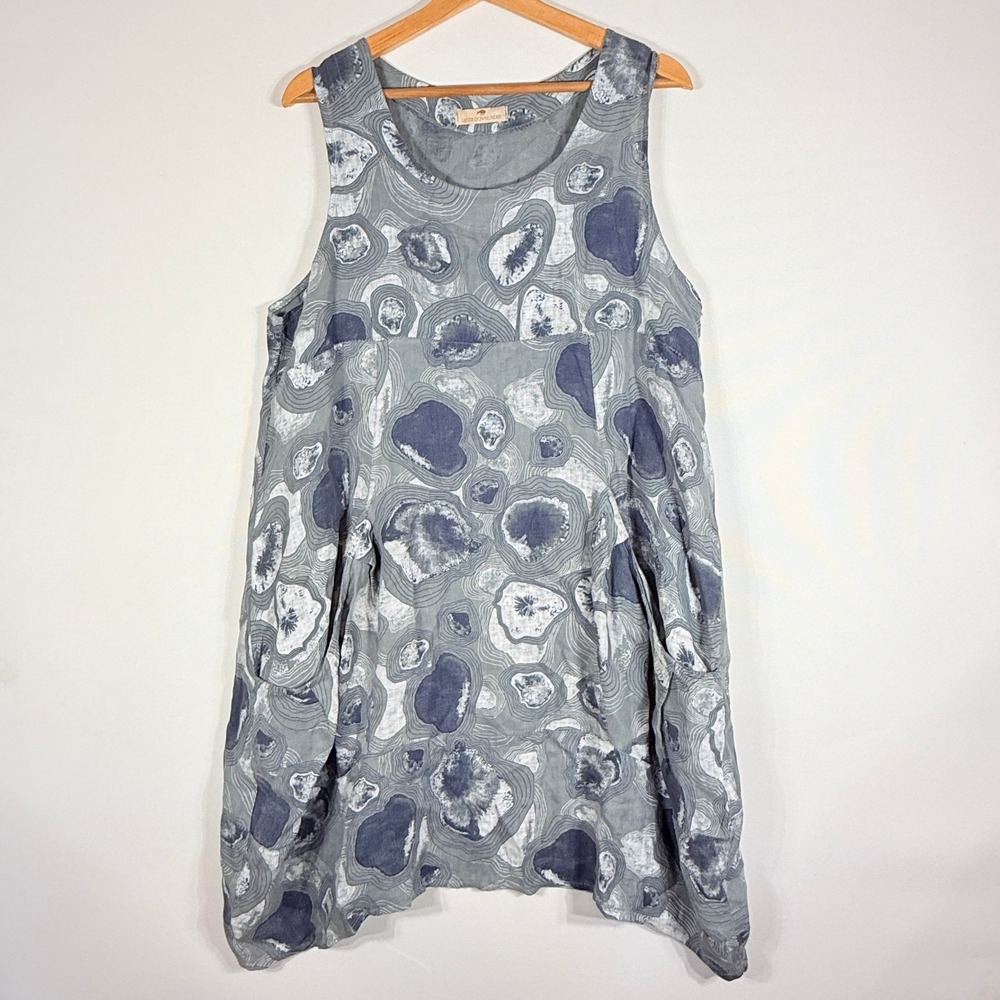 Lands Downunder Womens Large Dress Grey Abstract Coastal Sleeveless Linen Travel